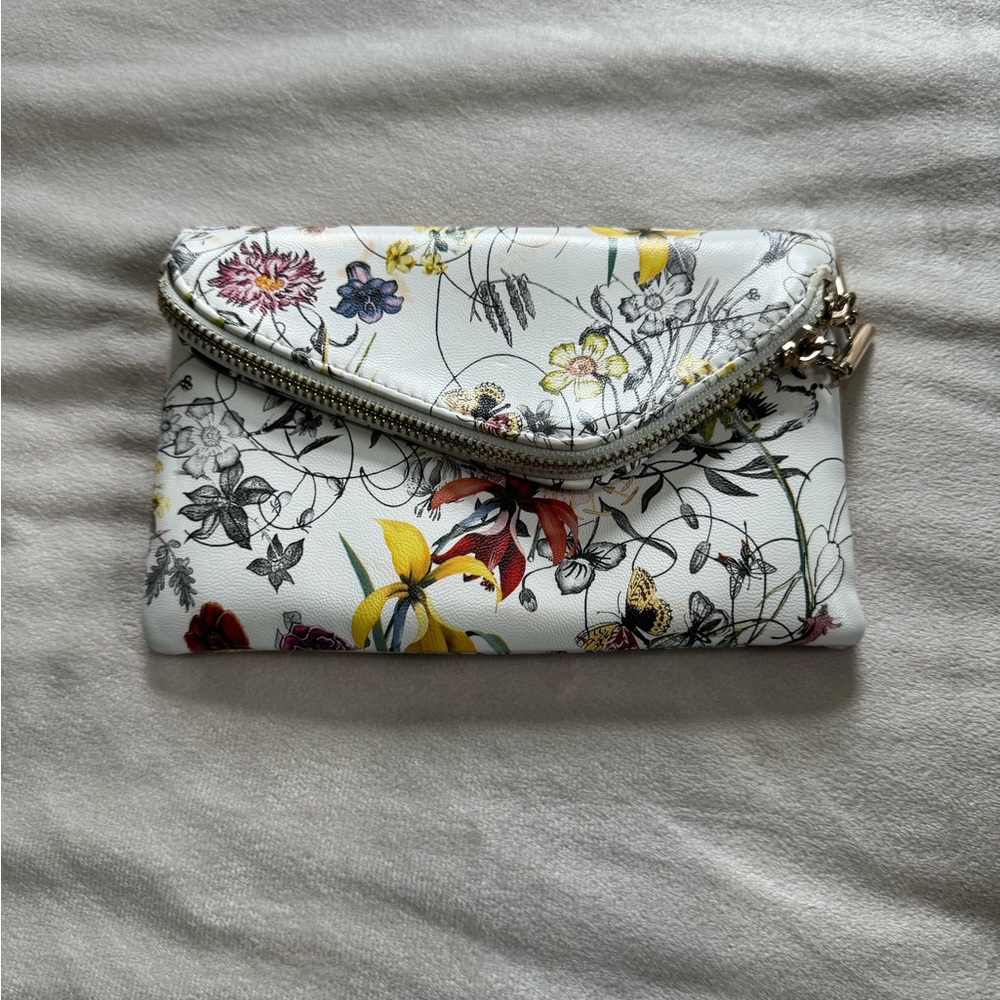 Small Floral White Envelope Foldover Purse Clutch